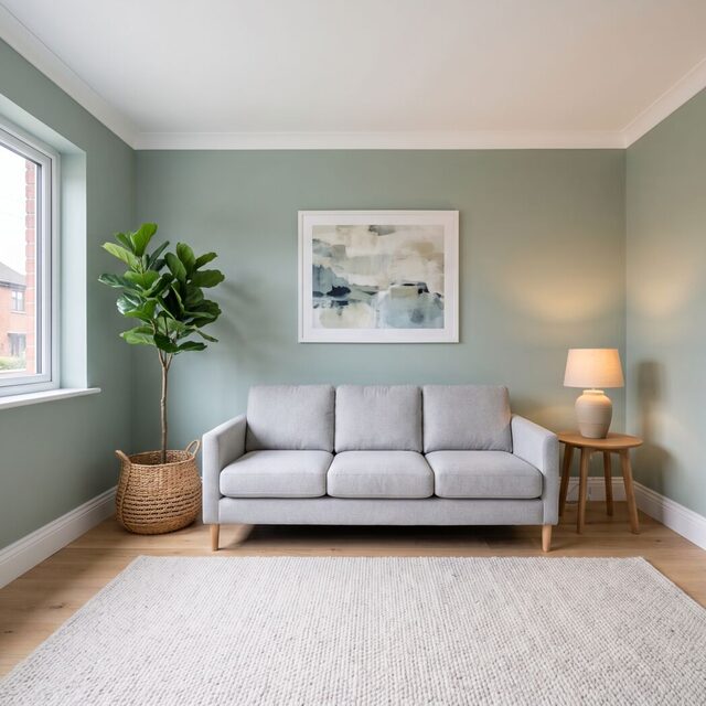 A freshly painted living room in a soft sage green