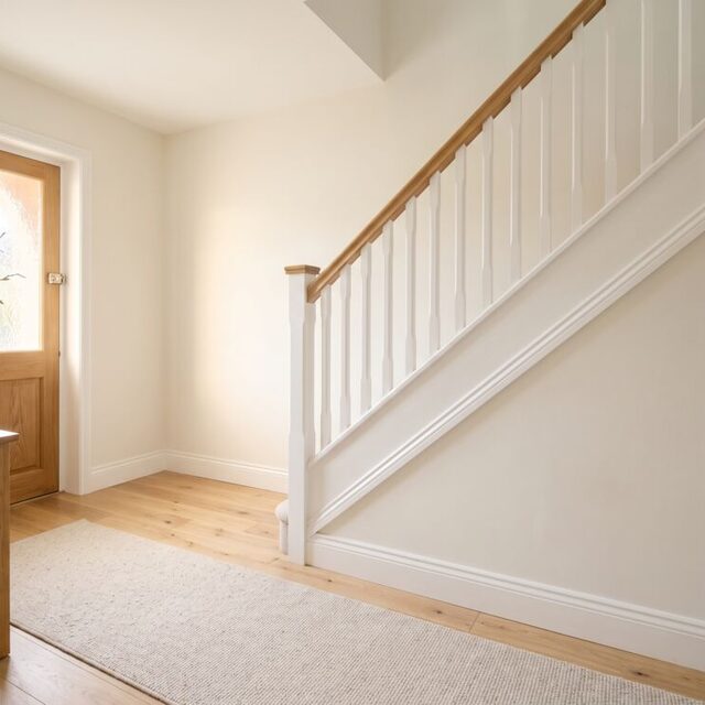 A freshly painted hallway and staircase in warm white