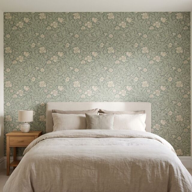 A bedroom feature wall hung with sage green botanical wallpaper